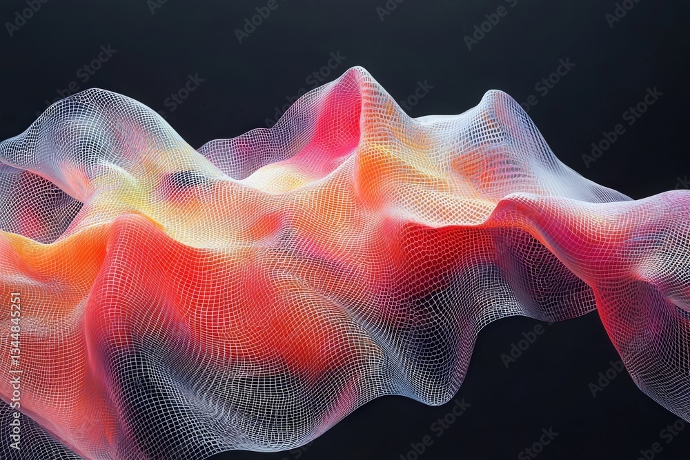 An abstract representation features colorful, flowing mesh patterns with a blend of red, orange, and yellow tones against a black background, depicting motion and depth in a three-dimensional space.