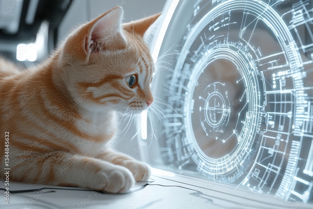 A curious orange tabby cat lies on a sleek surface, intently watching a glowing, intricate digital display. The setting features a modern, high-tech design, emphasizing the cats fascination.