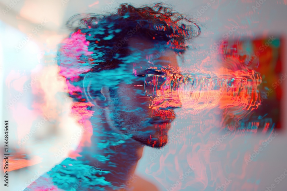 A young man poses calmly in a bright room, exhibiting an abstract effect with vibrant red and blue colors swirling around his head.