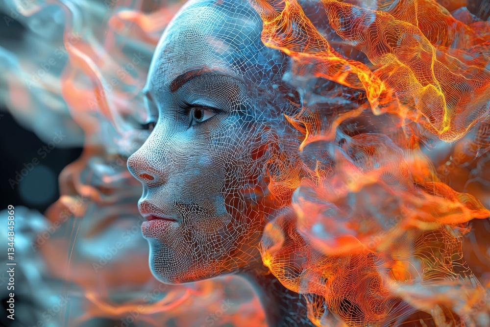 A stunning digital artwork showcases a womans profile, intricately designed with a mesh-like texture. Her features emerge from vibrant, swirling flames and ethereal smoke, creating a dramatic effect.