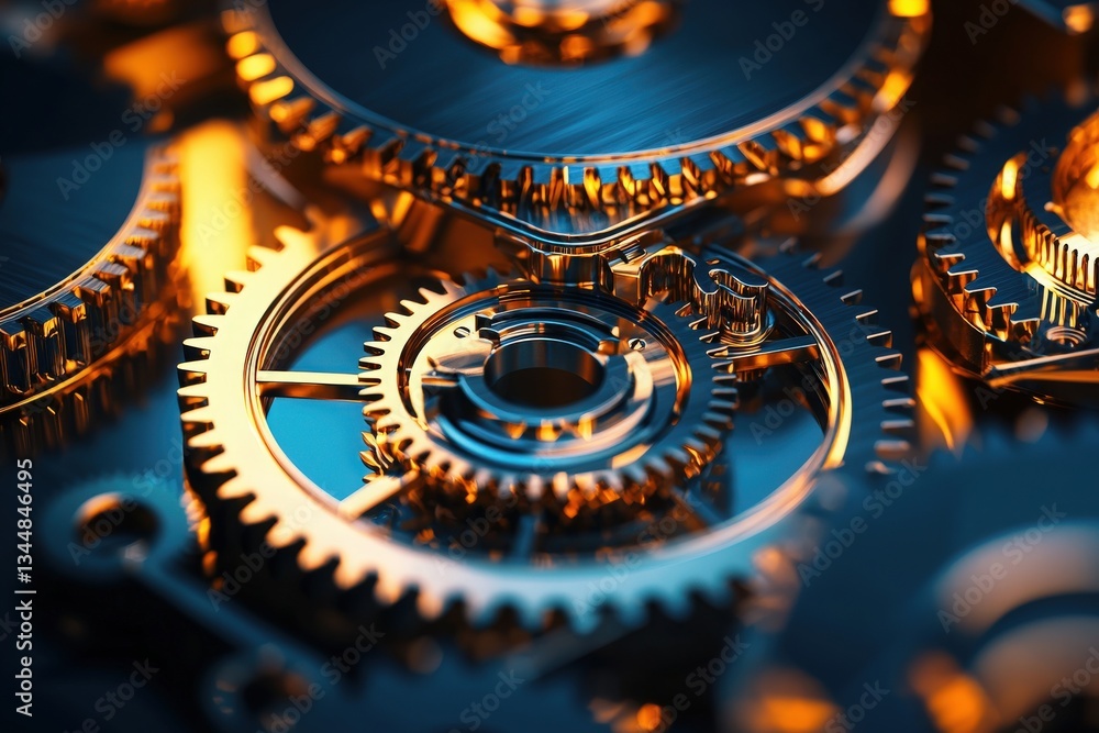 Close-up view of meticulously designed golden gears interlocking seamlessly, reflecting light and demonstrating precise mechanical engineering. The golden hue adds to the aesthetic appeal.