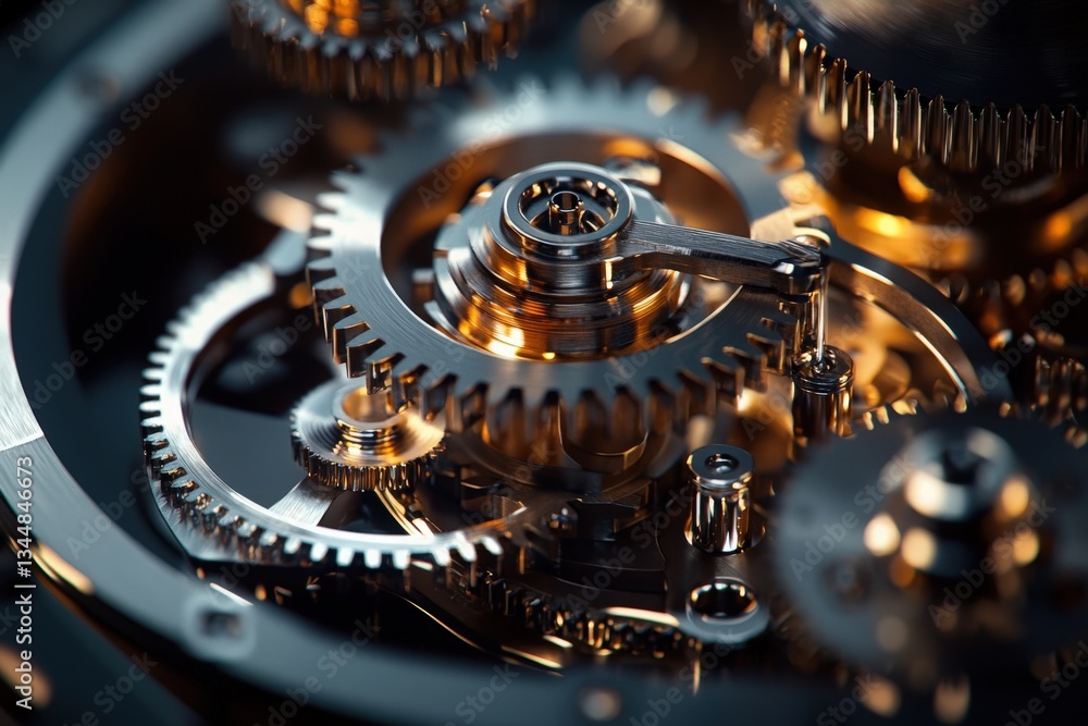 Close-up of a mechanical watchs inner workings reveals an intricate arrangement of shining gears and cogs.