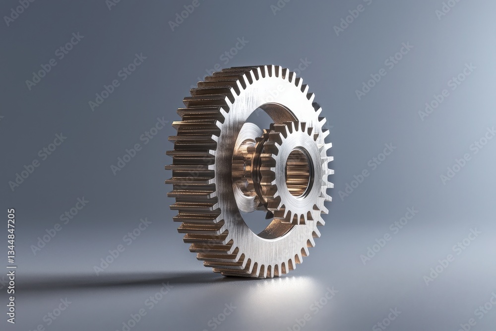 A close-up view of interlocking metal gears positioned on a smooth surface. The gears reflect light, highlighting their intricate teeth and craftsmanship, emphasizing industrial innovation.