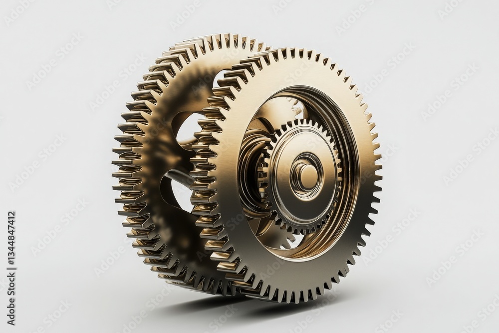 Two golden gears are interlocked, displaying precision engineering and fine details. The shiny surface highlights the craftsmanship, capturing the essence of mechanical design.