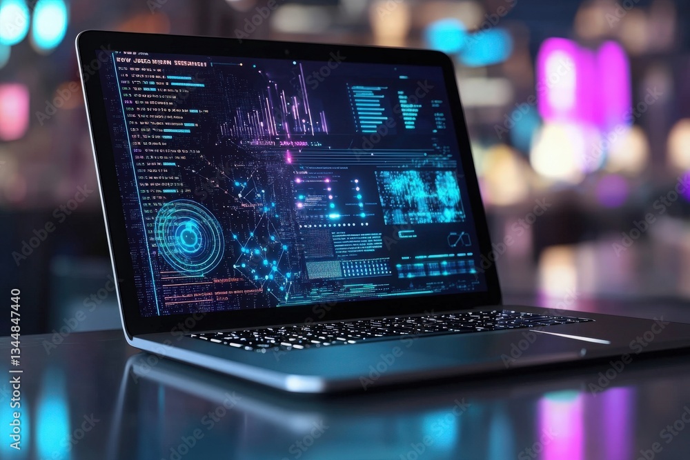 A sleek laptop is open, showcasing vibrant data analytics on its screen. The background features colorful lights, creating a modern and tech-savvy atmosphere, perfect for data analysis and innovation.
