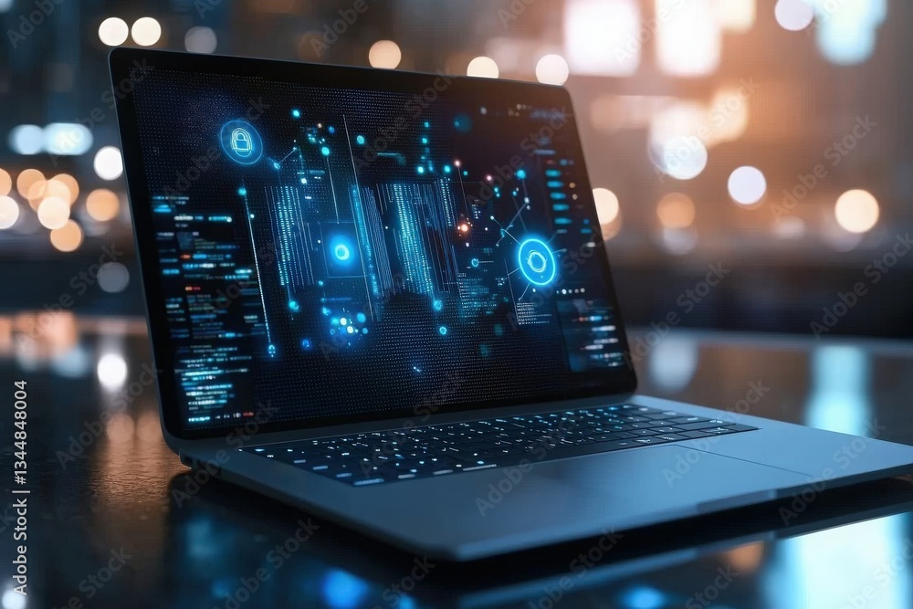 A sleek laptop is open on a desk, showcasing vibrant blue digital graphics related to data analysis and cybersecurity. The background features blurred city lights, creating a tech-savvy atmosphere.