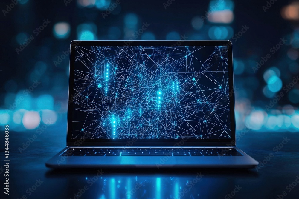 A laptop sits on a surface, showcasing a vibrant visual of interconnected blue lines against a dark backdrop. The city lights twinkle softly, enhancing the tech atmosphere.