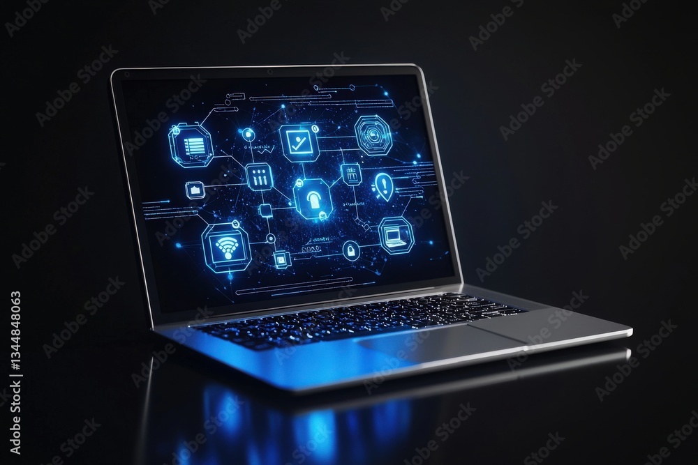 A modern laptop sits against a black background, showcasing various digital icons in blue light. The icons represent technology themes such as security, connectivity, and data visualization.