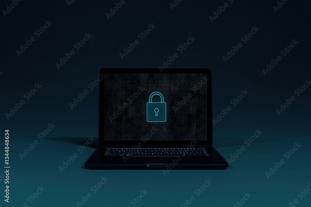 A laptop is open on a dark surface, featuring a glowing padlock symbol on its screen, representing digital security and privacy. The background is dimly lit, emphasizing the lock.