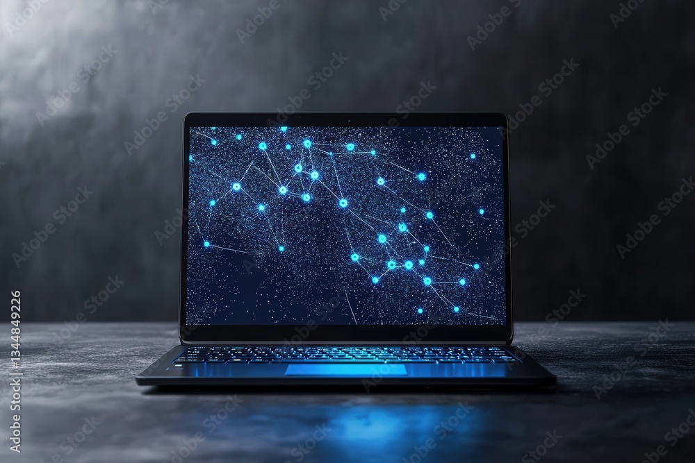 A laptop sits on a dark surface, its screen showing a vibrant network of blue glowing nodes connected by bright lines, set against a deep black background.