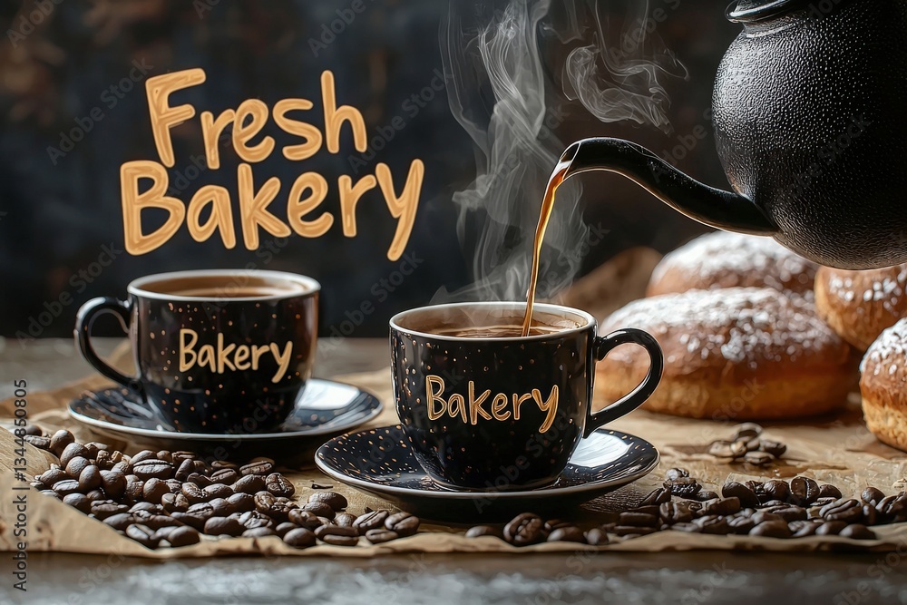 Two black cups of coffee are filled from a teapot, surrounded by coffee beans and pastries. The setting is warm and inviting, hinting at a cozy bakery atmosphere.
