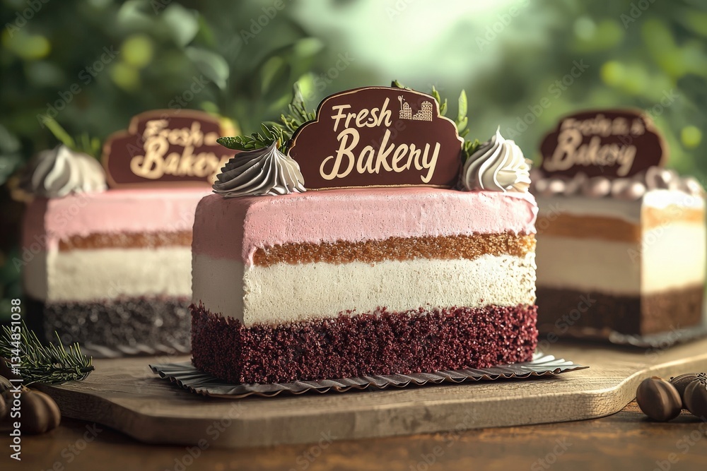 A beautifully crafted layered cake showcases three distinct colors and textures, topped with smooth icing and decorative swirls. The Fresh Bakery sign adds a charming touch to this enticing dessert.