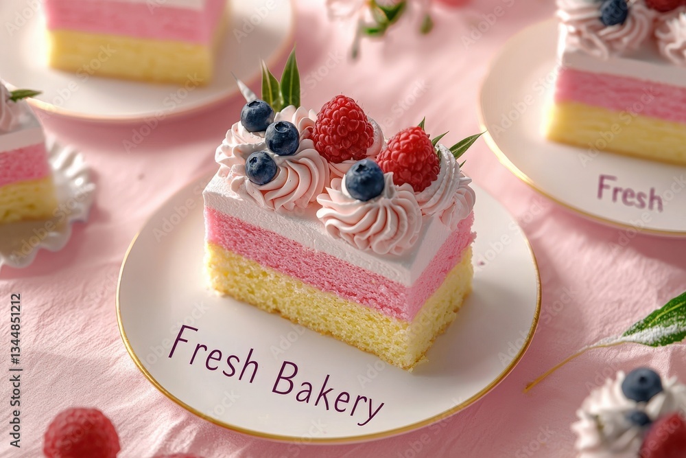 A slice of layered cake featuring pink and yellow sponge, adorned with whipped cream, fresh raspberries, and blueberries. The setting is a warm, inviting bakery environment.