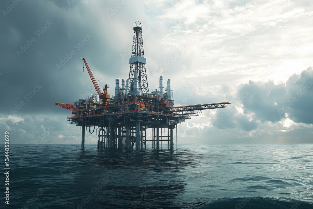 This offshore drilling platform rises above the ocean waves, highlighted by the overcast sky and looming clouds. Equipment is visible on the structure, emphasizing its industrial purpose.