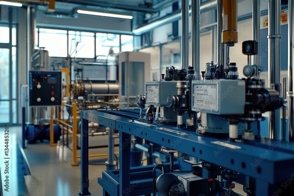 Inside a modern industrial laboratory, various high-tech machines and equipment are arranged neatly on a blue workbench.