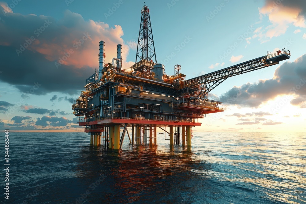 An offshore oil platform showcases modern engineering, towering above calm waters. The structure, illuminated by warm sunset hues, reflects industry and technology amidst natures beauty.