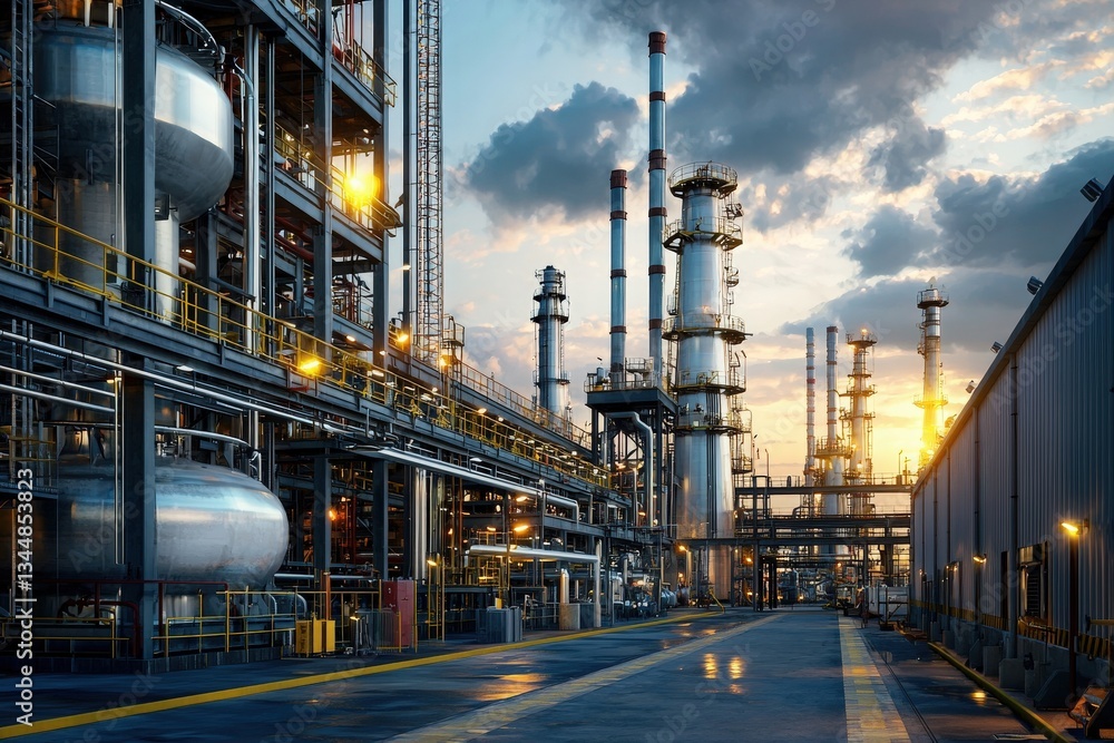 A vast industrial complex is illuminated by the setting sun, revealing towering structures and intricate pipelines. The scene captures the essence of industry and technology in action during dusk.