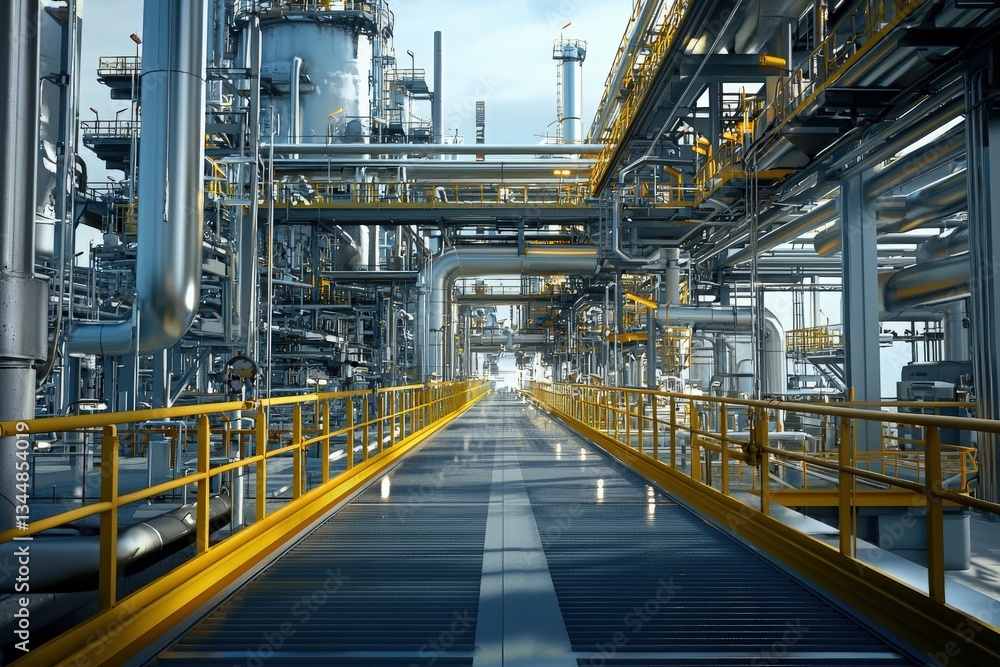 A vast industrial complex features intricate piping and walkways bathed in natural light. The structure showcases a blend of metallic elements and vibrant yellow railings.