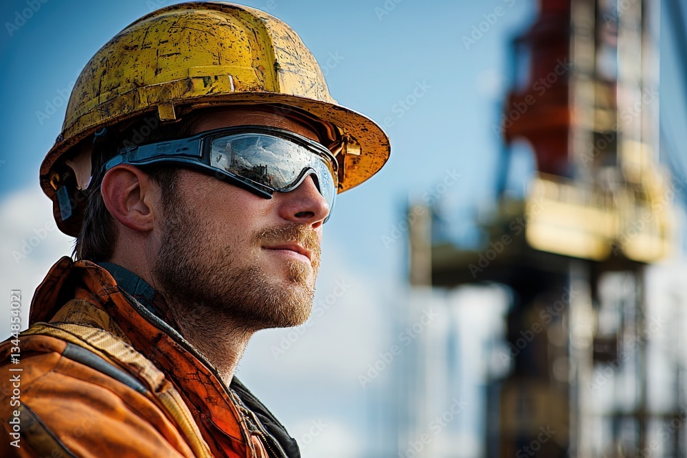 A construction worker in an orange safety jacket and yellow hard hat stands tall at a drilling site, looking towards the machinery, showcasing a blend of focus and determination in bright sunlight.