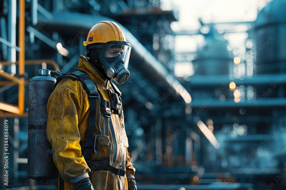 A worker wearing a yellow helmet and gas mask stands next to large industrial piping in a chemical facility. The setting is well-lit, showcasing the complex machinery and equipment.