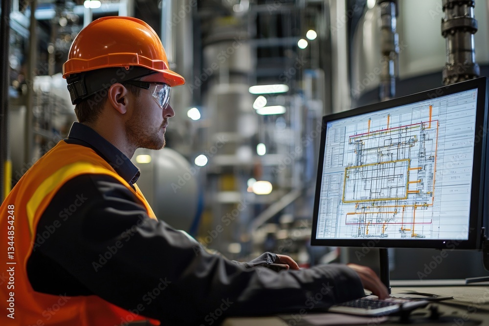 A worker in an orange hard hat and safety glasses is focused on a computer screen displaying detailed technical plans. The industrial setting includes machinery and equipment.