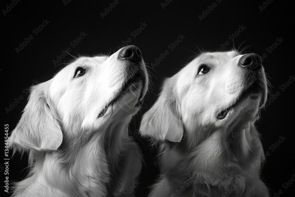 Two golden retrievers sit side by side, their heads tilted and gazes directed upward. The contrast of black and white emphasizes their expressions and fur texture.