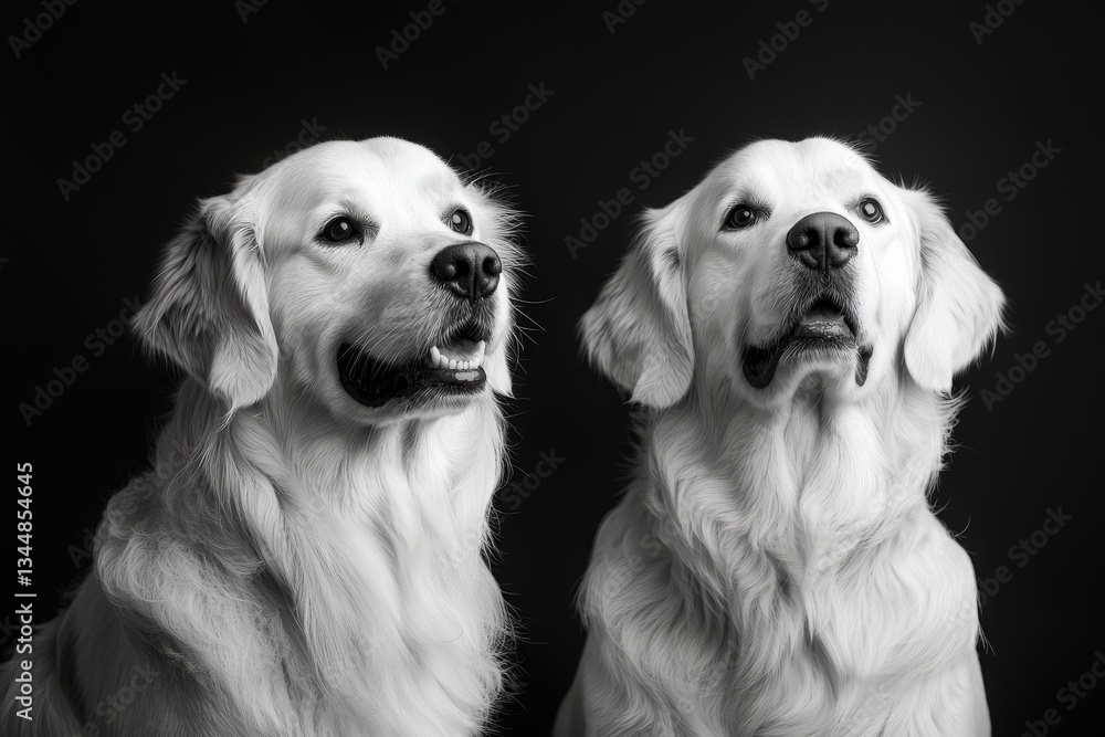 Two golden retrievers sit side by side, looking attentively with joyful expressions. The high-contrast black and white setting highlights their features and fur texture.
