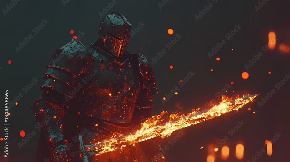 Armored warrior wielding a flaming sword in a dark fantasy setting ...