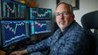 © hdesert - A portrait of a middle-aged trader sitting in a home office, multiple monitors displaying stock market charts, focused expression
