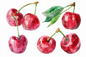 Leinwandbilder - Collection of vibrant cherries in watercolor style isolated on a white background showcasing their natural beauty and freshness Generative AI