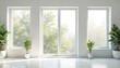 © Maryna - Bright empty white room interior with three windows. Green plants on floor. Modern design with minimalist aesthetic. Sunlight through glass. Home or office space with nature. Fresh look, calm, peace.