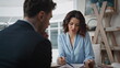 © stockbusters - Businesswoman conducting job interview with elegant man at office desk closeup.