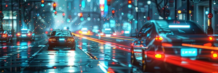 Leinwandbilder - Futuristic urban transportation with autonomous vehicles and smart traffic lights navigating a vibrant city at night Generative AI