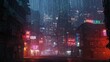 © Qbertstudio - Rainy city street with neon lights and high rise buildings at night Shows urban life and isolation in a cyberpunk atmosphere