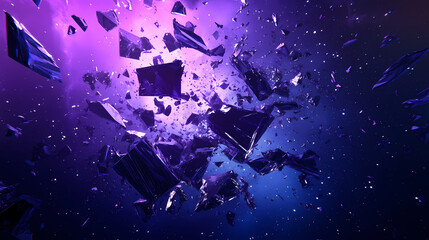 Wall Mural - Cosmic fragmentation with shattered stars and galaxies in a swirling vortex of purple blue hues, set against a backdrop of deep space #brokenuniverse , fragments, purple. Cosmic Shatter. Illustration