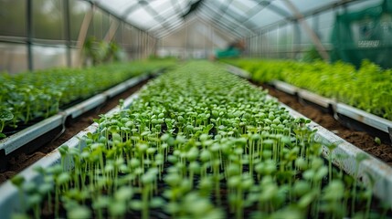 Poster - Rows of microgreens thriving under advanced drip irrigation in a well-maintained greenhouse environment Generative AI