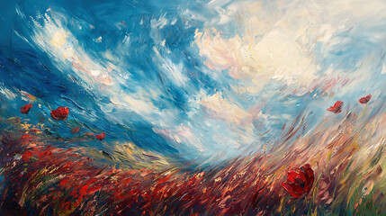 Wall Mural - red poppies in green grass under blue skies with white clouds