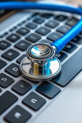 Fototapete - Modern healthcare concept showing stethoscope on laptop keyboard symbolizing digital diagnostics, telemedicine tools and computer-based medical technologies, Generative AI