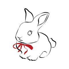 Fototapete - Easter bunny with bow in hand drawn coquette style. Spring cute animal in simple crayon and sketch style. Trendy art for invitation and banner for holidays. Doodle vector illustration