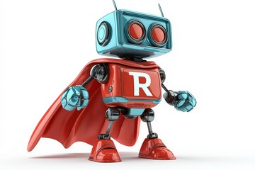 Poster - Futuristic superhero robot with a red cape and bold stance, symbolizing artificial intelligence, innovation, and advanced robotics in a sci-fi setting, Generative AI