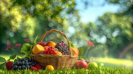 Aufkleber - Colorful fruit basket ready for a delightful picnic in a sunny park on a warm afternoon Generative AI