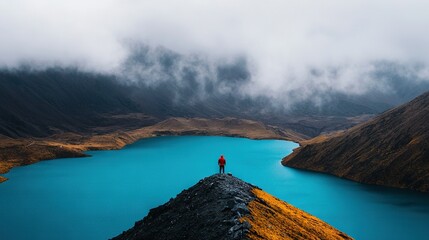 Wall Mural - a person stands atop a mountain, gazing upon a lake nestled within a valley, surrounded by majestic 