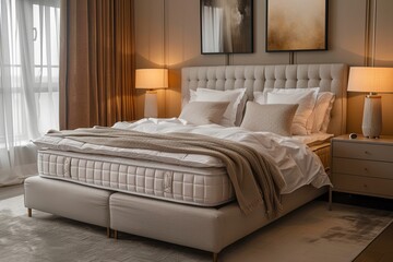 Fototapete - Stylish modern bedroom with elegant decor and cozy ambiance, featuring warm tones and high-quality furnishings Generative AI