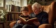 © Irina Ukrainets - A young boy enjoys a storytime with his grandfather. This warm and cozy scene captures the bond between generations. Perfect for family themes or storytelling concepts. AI
