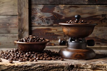 Poster - Coffee beans and grinders enhance the rustic charm of a wooden table setting for coffee enthusiasts and brands Generative AI