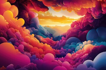 Wall Mural - Colorful clouds form abstract landscape toward a bright horizon. Ideal background for fantasy, dreamscape, or surreal themed designs.