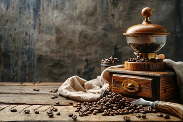 Poster - Discover the art of brewing with fresh coffee beans and traditional grinders on a rustic wooden table Generative AI
