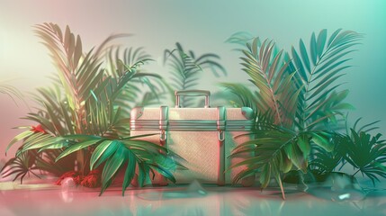 Poster - Travel suitcase surrounded by miniature palm trees creating a tropical landscape for summer adventures Generative AI