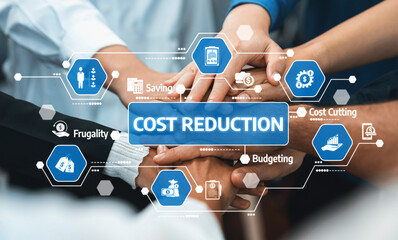 Aufkleber - This image showcases collaborative teamwork emphasizing cost reduction strategies in business management, highlighting saving practices, budgeting, and efficiency for organizations. Amity