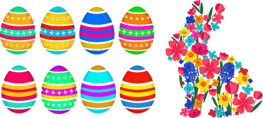 Wall Mural - isolated easter vector elements floral bunny and colorful eggs. spring holiday illustration with flo